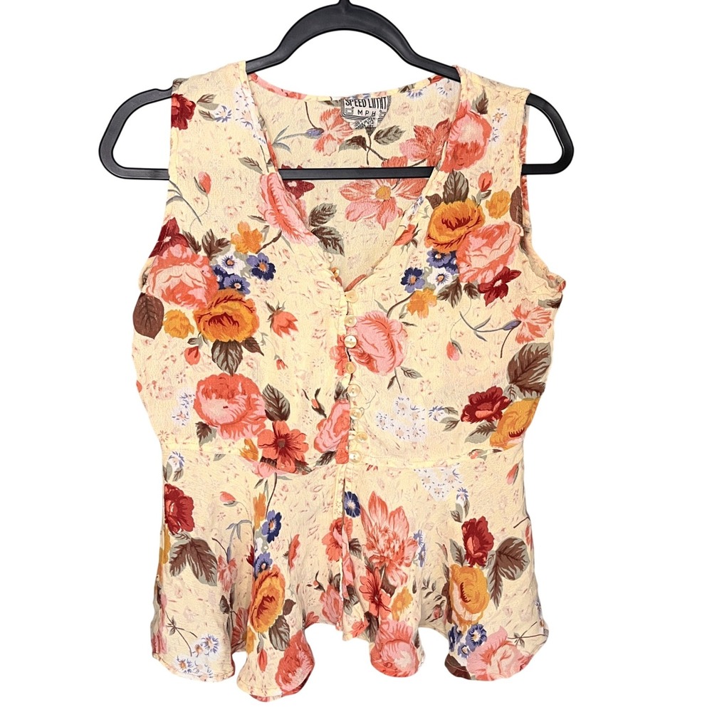 Vintage 90s Floral Peplum Blouse Sleeveless Button Front Back Tie L Dainty Fairy